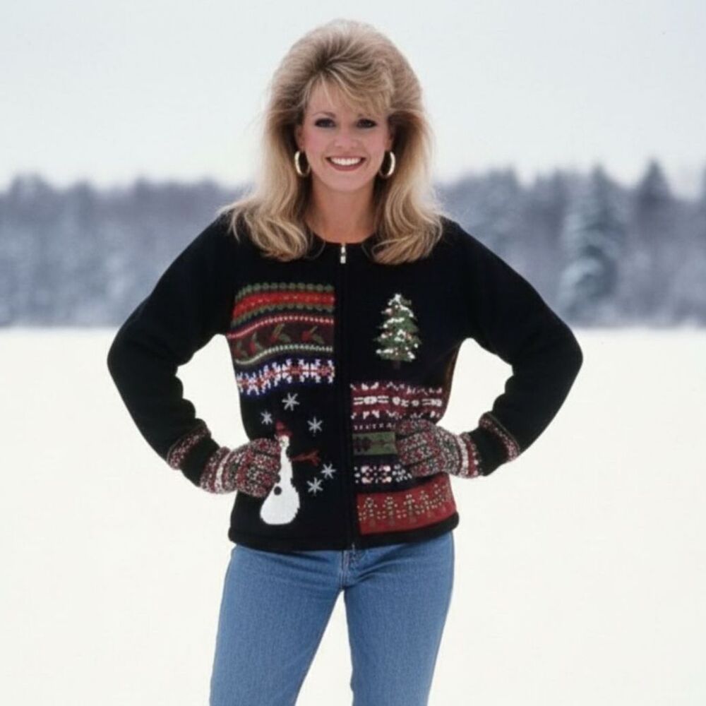 Petite Sophisticate Ugly Christmas Sweater Zip Cardigan Sz M VTG Grannycore
